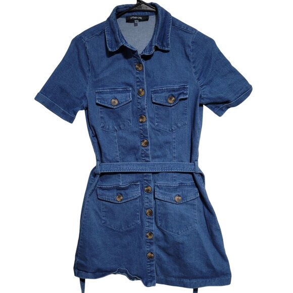 Sugar Lips Denim Mini Dress Womens Size XS Dark Wash Bodycon Button Front Belt - Picture 1 of 6